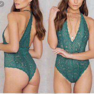 Elegant Lace Halter Bodysuit - Green